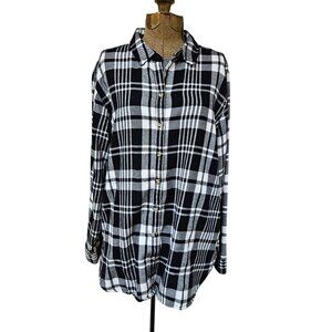 JACHS Girlfriend Shirt Plaid Flannel Black White Womens Size L Long Sleeve Butto